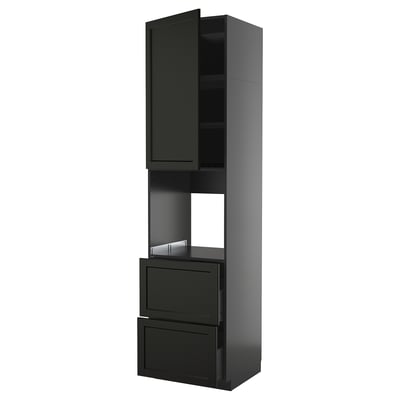 Modern black kitchen cabinet with high gloss finish, featuring a tall unit with shelves and drawers.