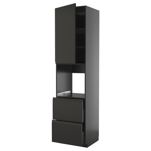 Black modern kitchen cabinet with sleek design, featuring glossy finish, deep drawers, and a tall storage section.
