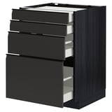 A blackMETOD kitchen unit with four open drawers, displaying modern design and sleek black handles.