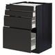 A blackMETOD kitchen unit with four open drawers, displaying modern design and sleek black handles.
