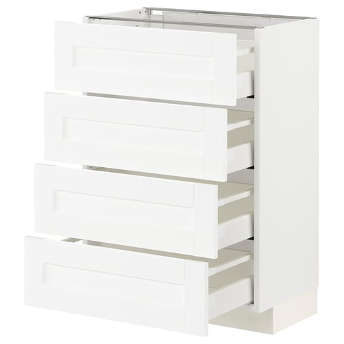 METOD kitchen unit in white with four open drawers, sleek modern design.