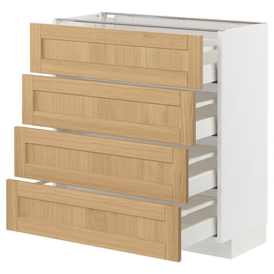 White base unit with wooden drawers, oak veneer, four drawers.