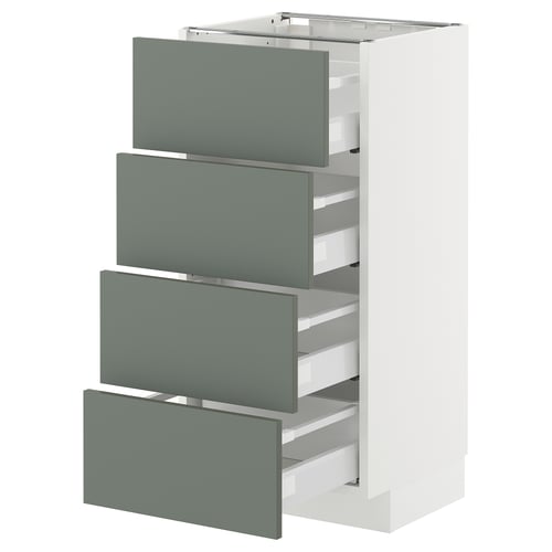 Ikea METOD unit, grey-green, four drawers, white frame, sleek design.