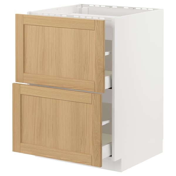 White and oak cabinet with drawers. METOD kitchen system. Framed fronts, bevelled edges, soft-close drawers.
