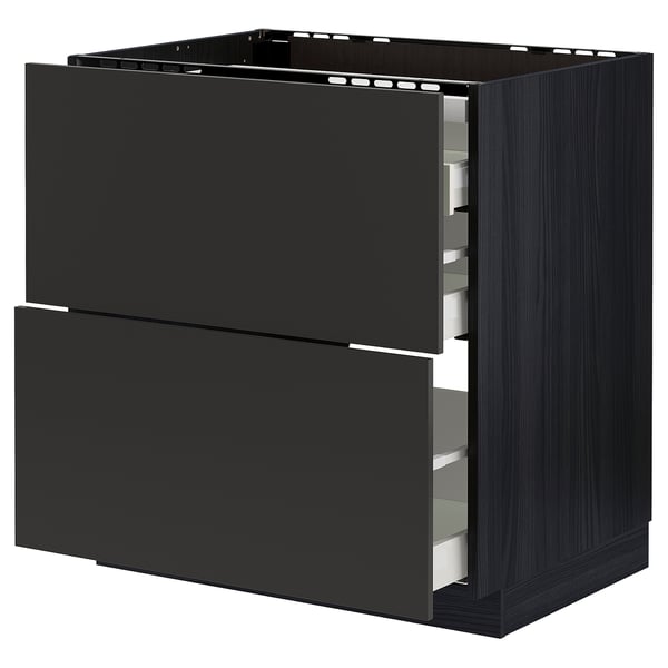 Black METOD kitchen cabinet with three drawers, sleek modern design, sturdy particleboard, and soft-close drawers.
