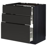 Dark gray modern kitchen cabinet with three drawer fronts and integrated handles.