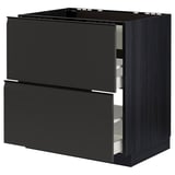 Modern black kitchen unit with two open drawers, sleek design.
