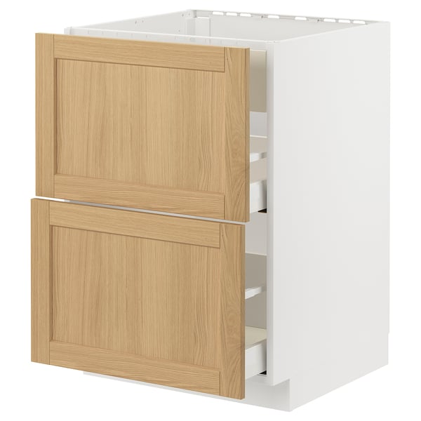 White kitchen cabinet with light wood doors and three drawers.