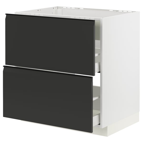 Modern black METOD kitchen cabinet with smooth drawers and integrated handles.