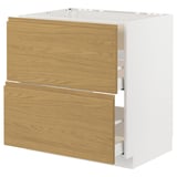 Ikea METOD kitchen with oak voxtorp drawers, two large minimalist drawers, white frame for oven/sink.