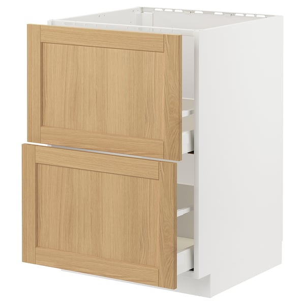 A METOD kitchen cabinet with light wood grain doors. It two shelves, with a minimalist design.