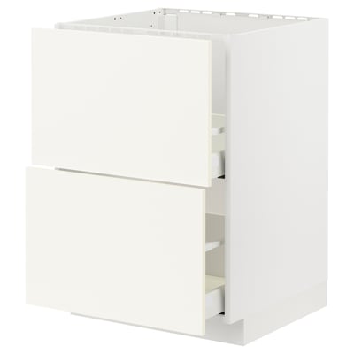 A white METOD kitchen cabinet with two drawers and a door. It has a modern design with a smooth finish and sleek drawer handles.