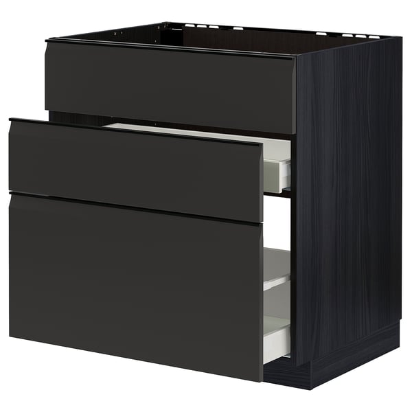 Modern black kitchen cabinet with three drawers and sleek design.