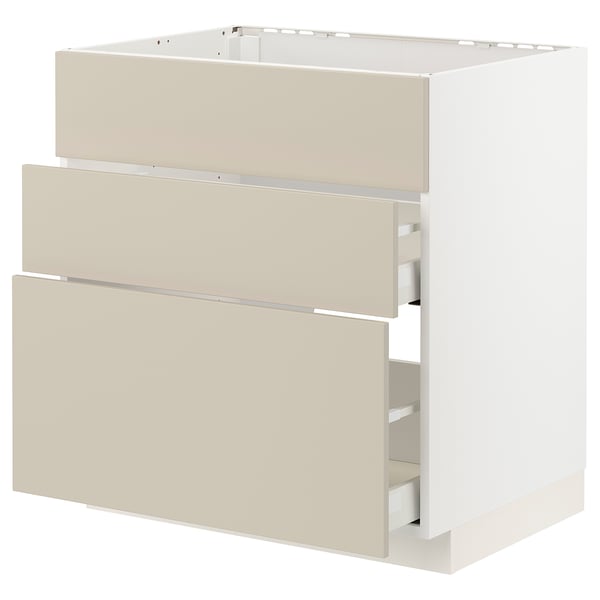 A METOD kitchen unit with beige havstorp fronts, featuring three drawers and a cabinet, designed for a modern kitchen with a clean look.