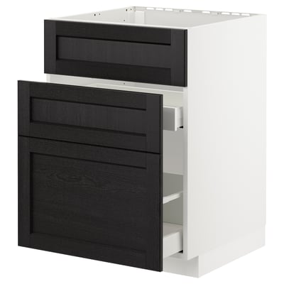 Modern kitchen cabinet, white frame, black wood drawers, 2 drawers, sleek design.