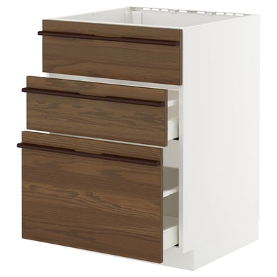 Modular kitchen drawer unit, white cabinet with dark brown wood drawers, sleek handles.
