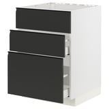 A white modern kitchen cabinet with three black drawers. The drawers have a sleek, minimalist design with integrated handles and smooth surfaces.
