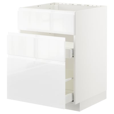 White high gloss kitchen cabinet with smooth drawer, modern design.