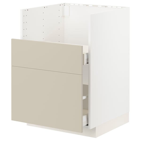 White METOD kitchen cabinet with beige drawers, sleek and modern, sturdy with smooth-running drawers.