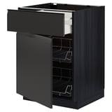 Black METOD kitchen unit, modern design with smooth drawer, wire baskets, dark finish.