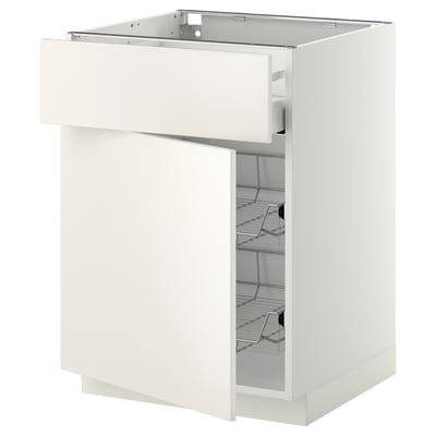 White METOD kitchen cabinet with pulled-out wire basket drawer, sleek design.