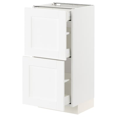 The ikea METOD white kitchen cabinet with a modern design, including two doors and two visible drawers, framed with wood-like plastic.