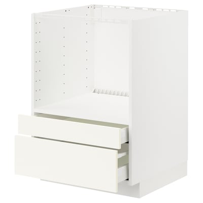 This is a white METOD kitchen cabinet with drawers and shelves. It a sturdy frame, self-closing drawers, and a ventilated shelf.
