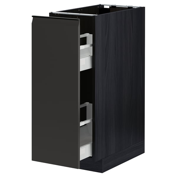 Modern black kitchen cabinet with pull-out drawers, dark wood grain frame and minimalist design.