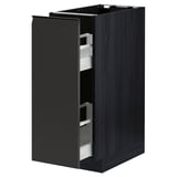 Modern black kitchen cabinet with pull-out drawers, dark wood grain frame and minimalist design.