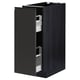 Modern black kitchen cabinet with pull-out drawers, dark wood grain frame and minimalist design.