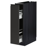 METOD black kitchen cabinet with gray pull-out drawer.