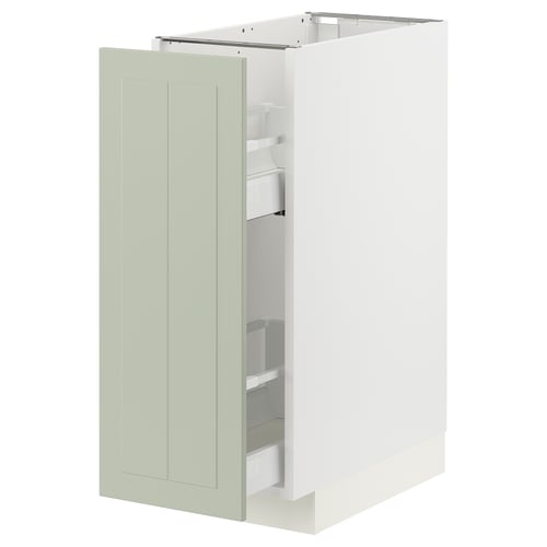 A METOD kitchen cabinet with a green stensund door. It pull-out drawers and a white finish. The cabinet is rectangular and has a modern, sleek design.
