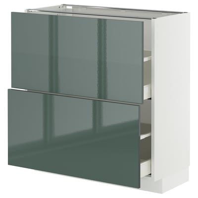 Modern kitchen cabinet, METOD, grey-green, glossy, rectangular with drawers, smooth design.