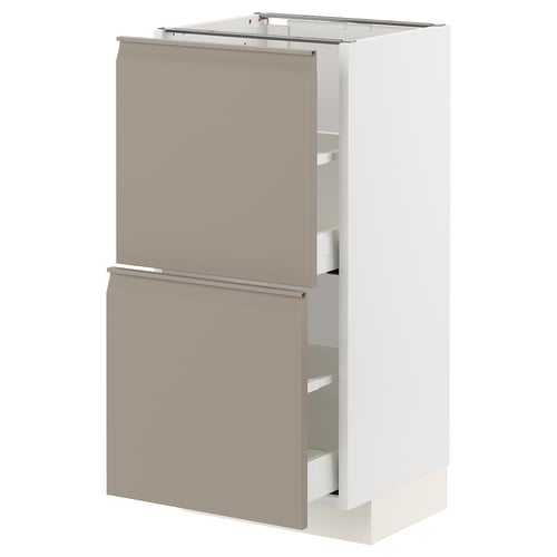 A modern kitchen cabinet in beige and white, featuring two drawers with integrated handles and a sleek, chamfered edge design.