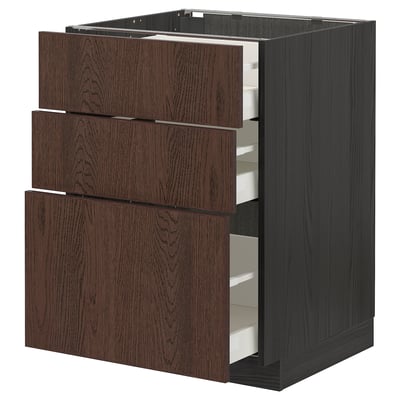 METOD kitchen unit, dark brown wood, three drawers, modern design.