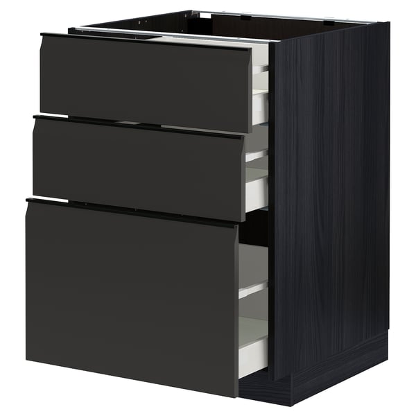 A black METOD kitchen cabinet with three open drawers showcasing modern design and smooth finish.