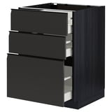 A black METOD kitchen cabinet with three open drawers showcasing modern design and smooth finish.