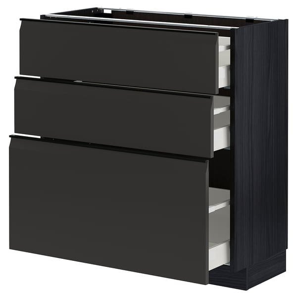 METOD kitchen unit in black with three drawers, sleek modern design.