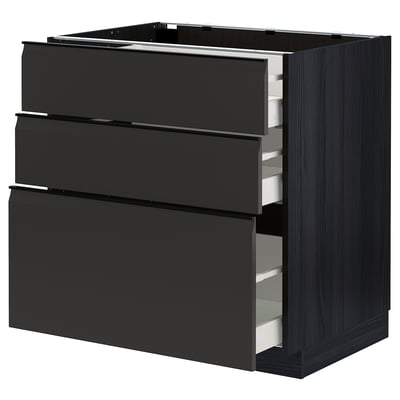 METOD kitchen cabinet in matte black with three open drawers, modern design.