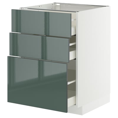 Modular kitchen unit with 3 glossy green drawers. Modern, sleek design. High quality materials. Ideal for modern kitchens.