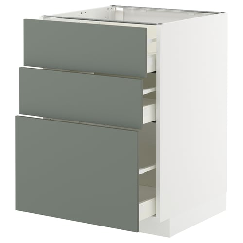 White METOD kitchen unit with 3 grey-green drawers, modern minimalist design.