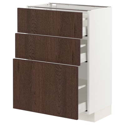 METOD kitchen unit, white with brown wood drawers, three shelves.