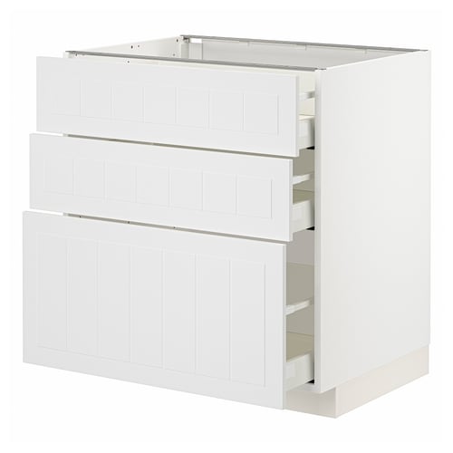 White METOD kitchen cabinet with three drawers, modern design.