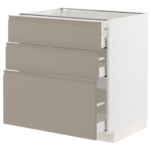 Modern METOD kitchen cabinet with 3 upplov drawers in grey-beige, metallic handles.