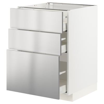 A white METOD kitchen cabinet with three stainless steel drawers. It a sleek, modern design with a durable, industrial look.
