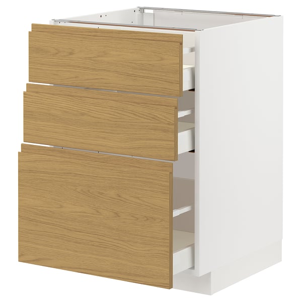 White and oak kitchen drawer unit with three drawers.
