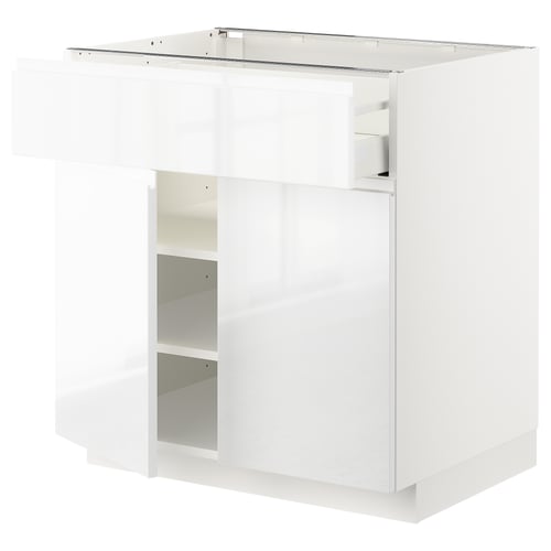 White high gloss kitchen cabinet with modern design and two open shelves.