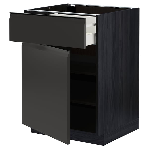 Modern black kitchen cabinet with open drawer, sleek design, sturdy frame.