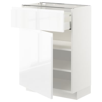White METOD kitchen cabinet, glossy finish, three shelves, one drawer.