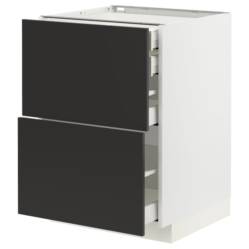 METOD kitchen unit with black drawers, sleek modern design, sturdy white frame, half-open showing drawers.